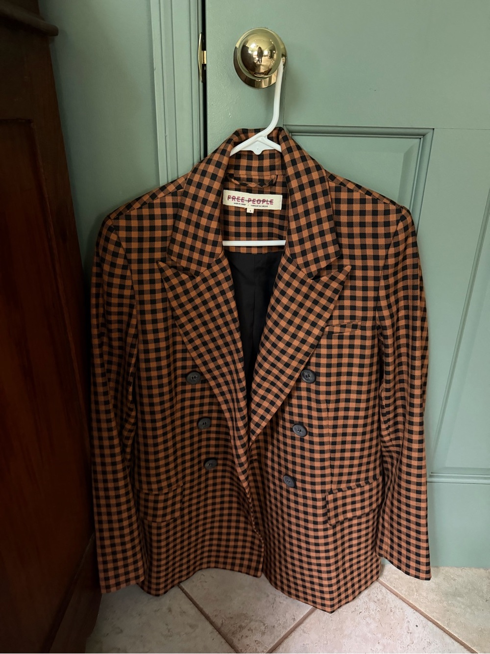 Free People Brown and Black Gingham Double-Breasted Blazer